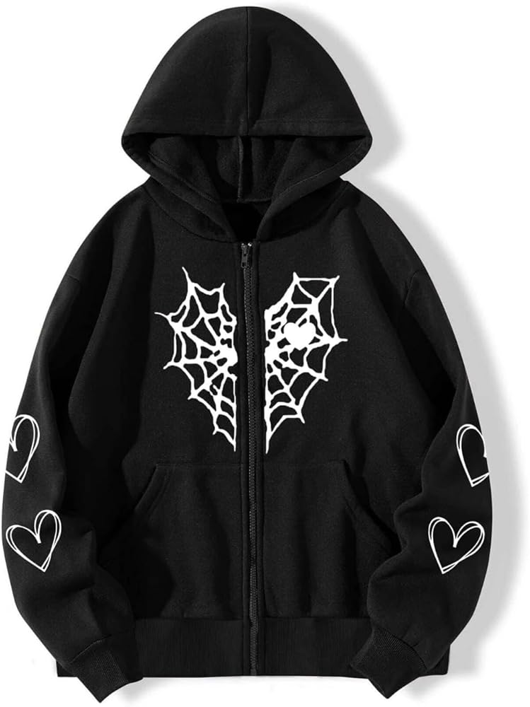 Oversized Y2K Zip Up Hoodie for Women Men Gothic Spider Web Heart