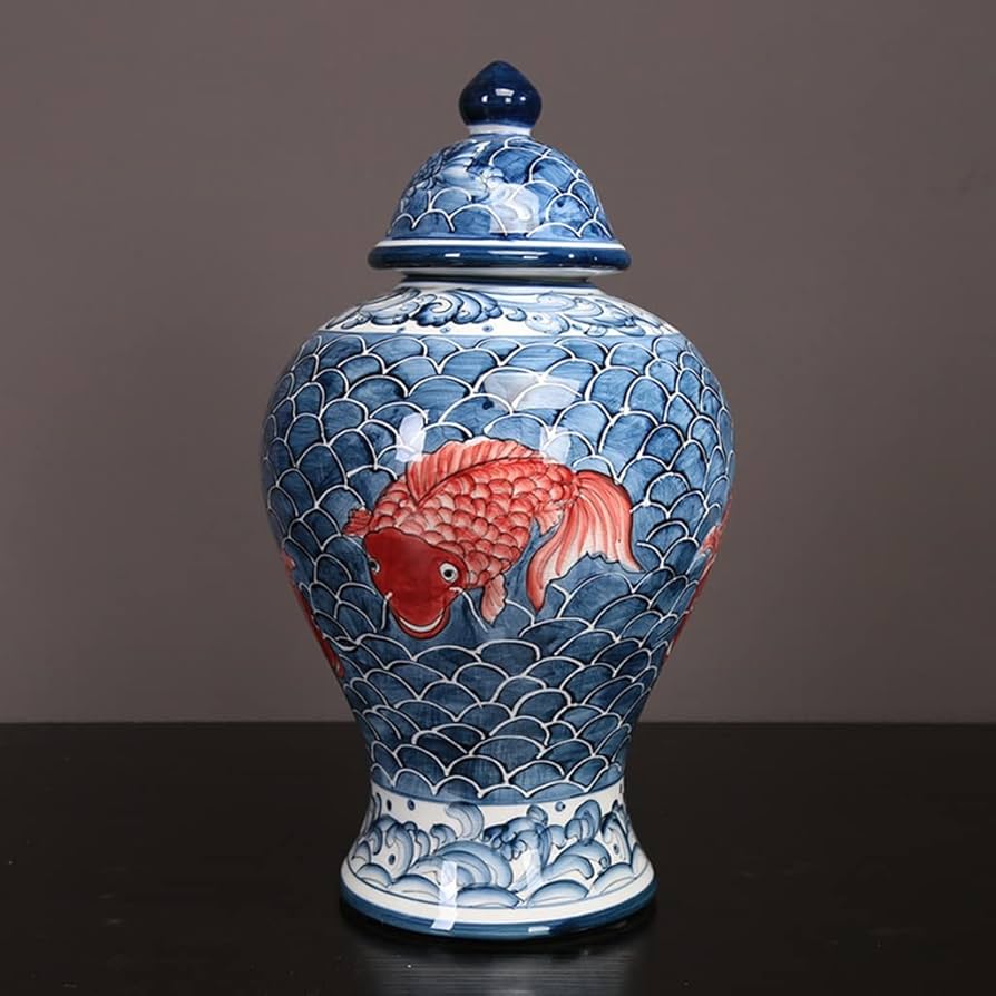 Amazon.co.jp: 中国塗鯉陶磁器蓋付収納壺 中国封甕花瓶置物 リビング