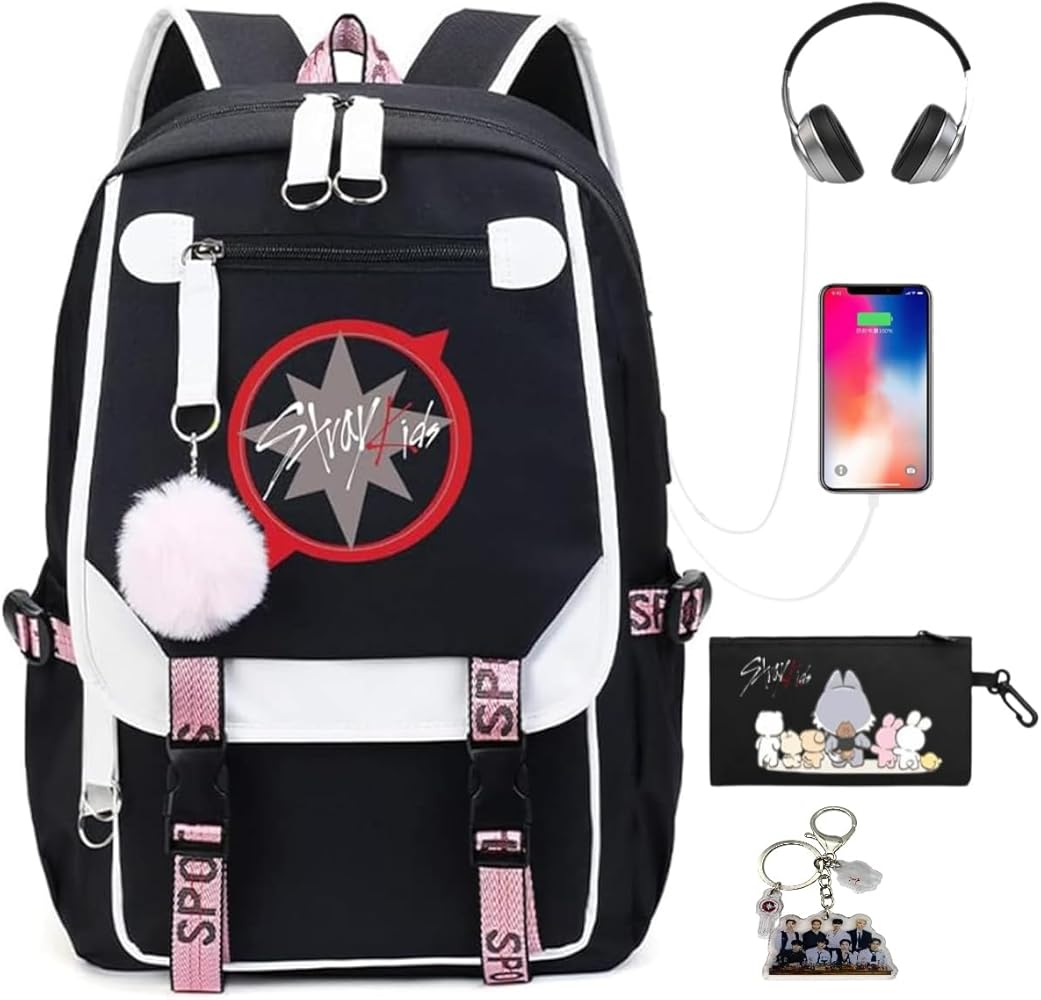 HABETI Stray Kids Backpack School Bag with SKZ Keychain and SKZ