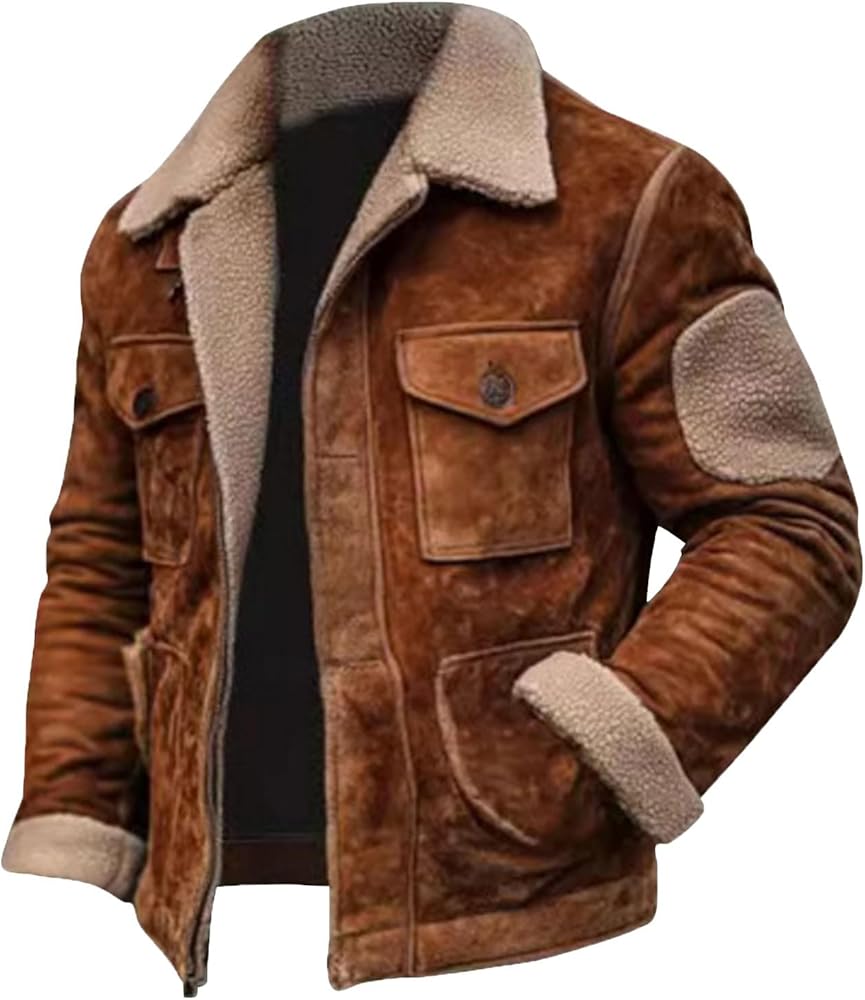 Sherpa Fleece Lined Leather Jacket for Men Vintage Suede Pocket