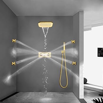 Brushed Gold Waterfall Rain Shower Head Sytem with Body Jets and