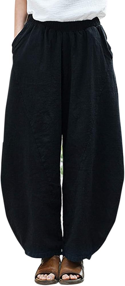 IXIMO Women's Cotton Linen Pants Casual Baggy Elastic Waist Relax