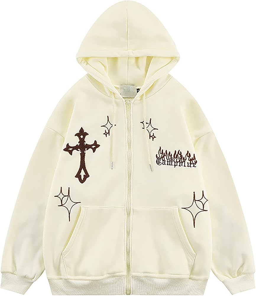 CORIRESHA Women's Y2K Aesthetic Hoodie Sweatshirt Cross Star Print