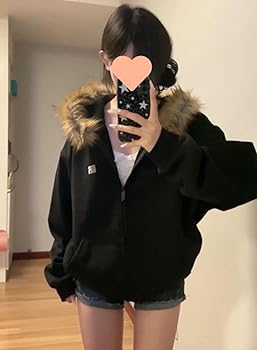 Amazon.com: Hesaco Y2k Zip Up Hoodie Fur Hooded Jacket Graphic