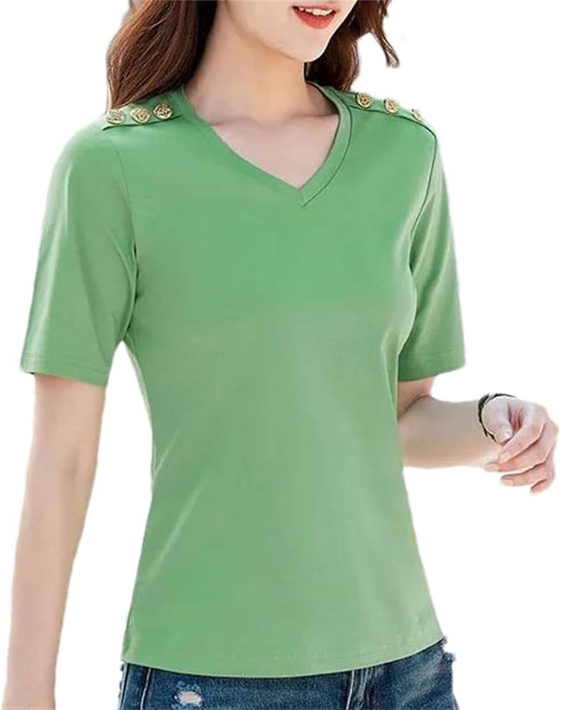 Amazon | 女性用コットン半袖tシャツvネックソリッドカラースリム