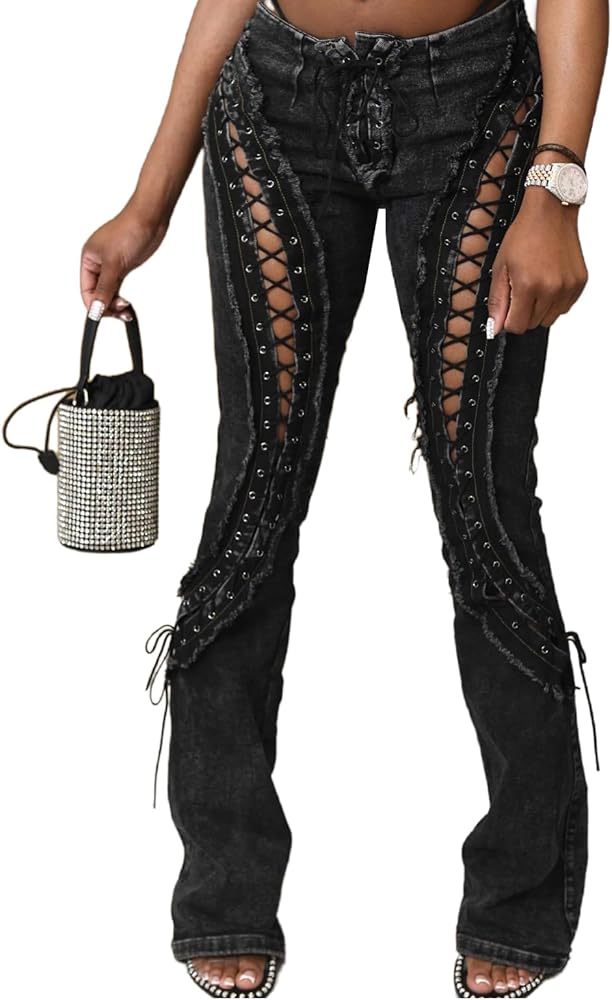 YOUFE Women's Sexy Lace Up Flare Jeans Y2K Stretch Hollow Out