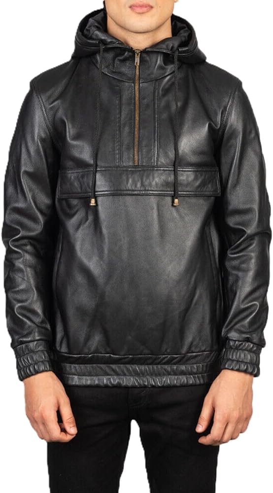 Men's 100% Real Lambskin Leather Hooded Pullover Jacket Classic