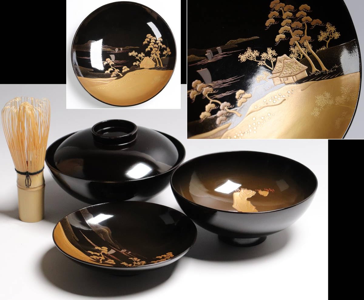 漆器輪島塗 【雲】時代 木製漆器 黒漆折鶴見返し松細密金蒔絵吸物椀