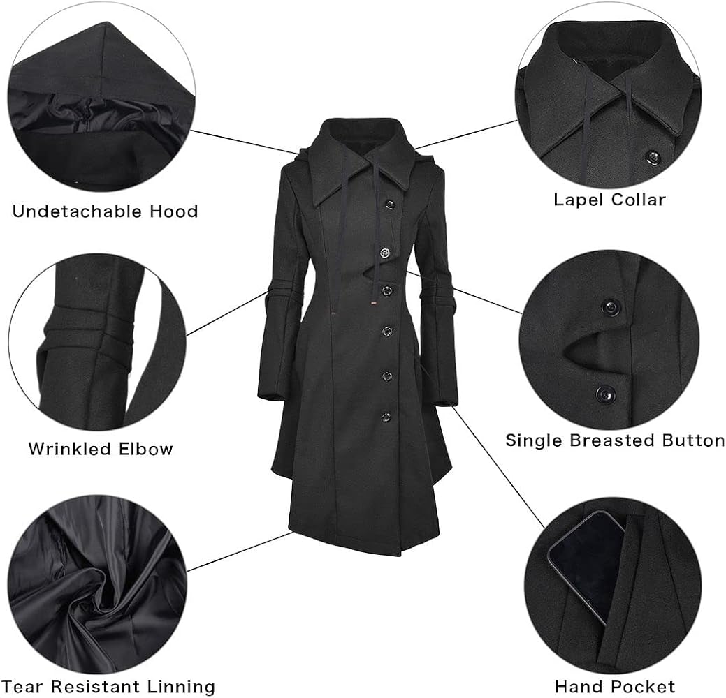 QZUnique Trench Coat for Women Gothic Punk Collar Peacoat Winter
