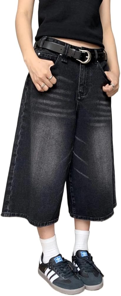 Crancious Baggy Unisex Y2k Style Denim Shorts Wide Leg Short Pants