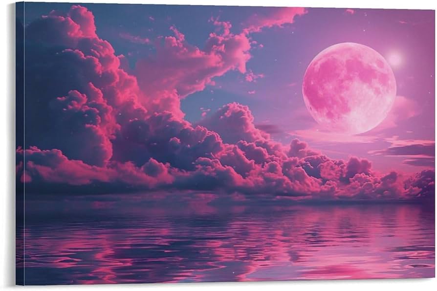 Amazon.co.jp: 絵画 ピンクの霧の月インテリア 絵画 魅力的な色の空