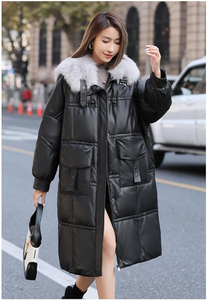 Amazon | レザーダウンコート レディース フォックスファー ロング丈