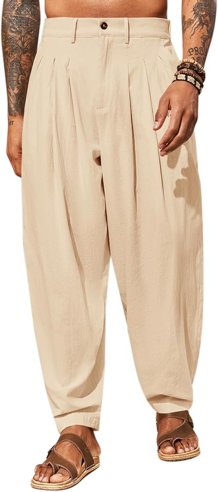 Runcati Mens Linen Baggy Pants Pleated Casual Harem Pants Beach