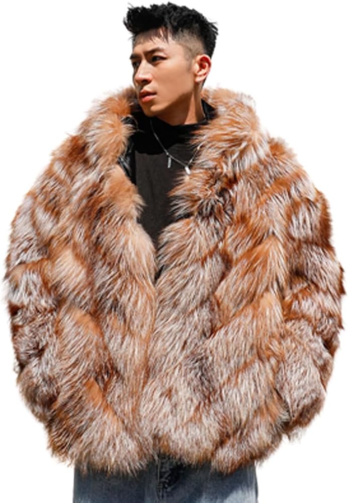 Denny&Dora Men's Hooded Fox Fur Jacket - Winter Warmth in Brown