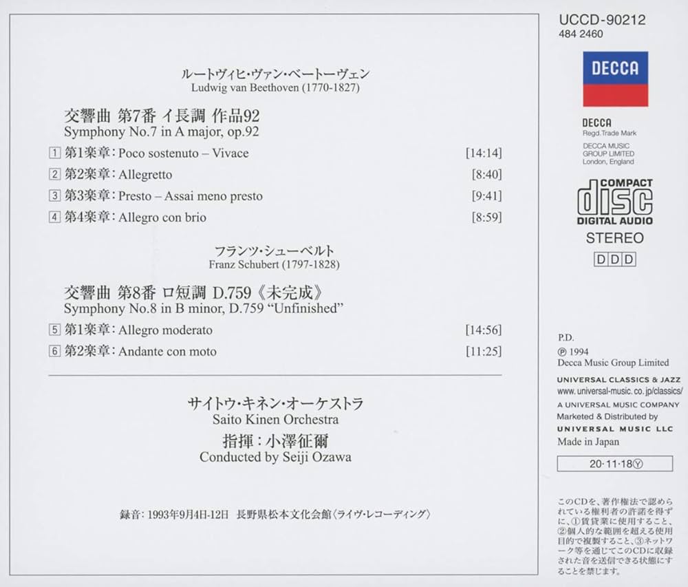 Amazon.co.jp: ベートーヴェン: 交響曲第7番/シューベルト: 交響曲第8