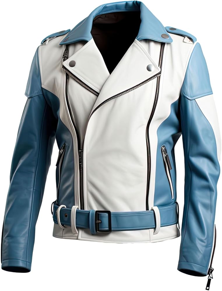 Men's Blue & White Genuine Sheepskin Biker Jacket, Lapel Collar