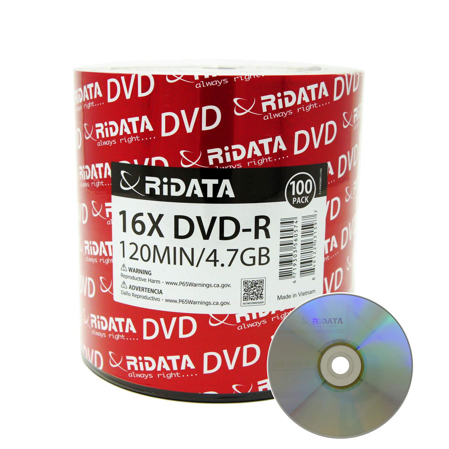 Amazon.com: 100 Pack Ridata DVD-R 16X 4.7GB 120 Min Silver Logo