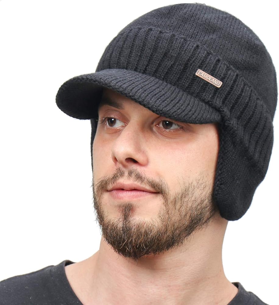 CAMOLAND 30% Wool Winter Beanie w/Visor & Earflaps for Men Outdoor