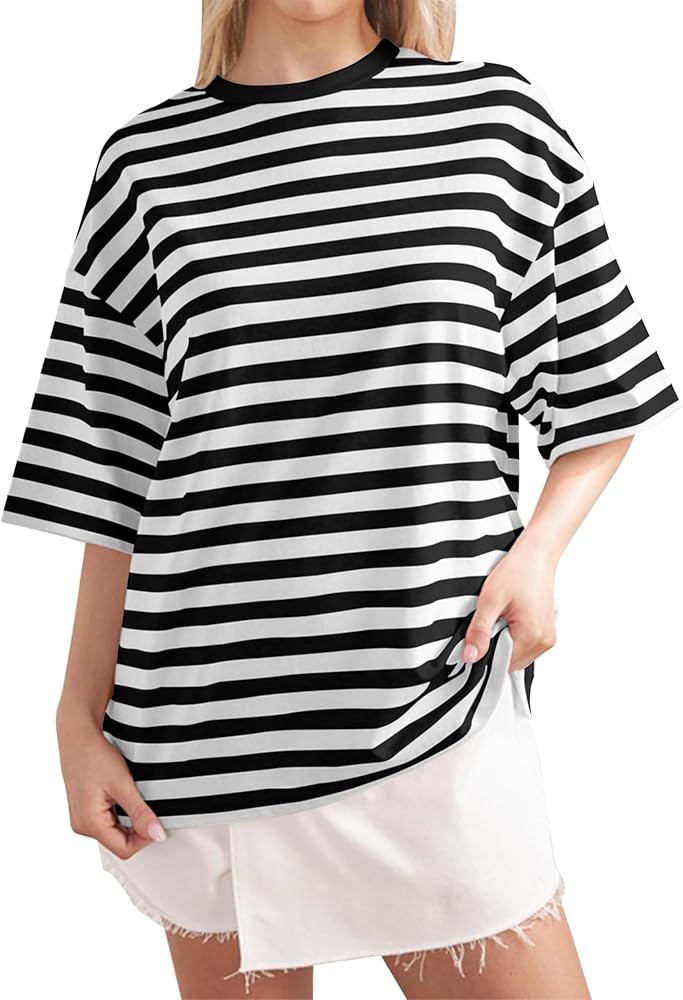 Women Oversized Striped Shirt Black Color Block Short Sleeve Crew