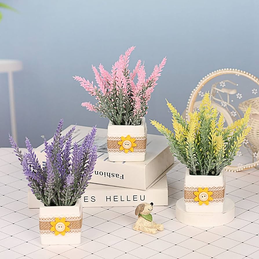 Amazon｜ラベンダー 造花 田園風 セラミック花瓶付き ミニ 小さい 枯れ