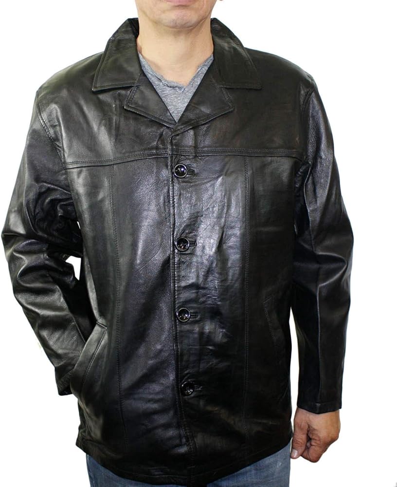 Men's Genuine Soft Lamb Black Leather Buttons Closure Classic Car