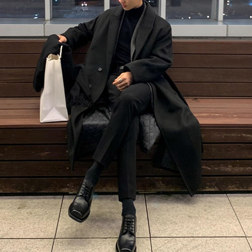 Men's Trench Coat Loose Woolen Coat Notch Lapel Long Jacket Single