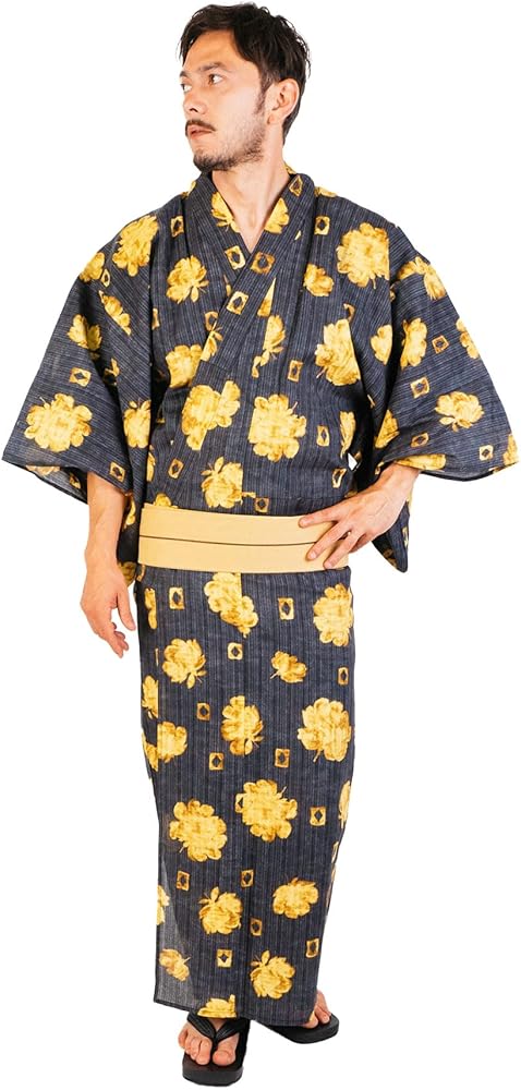 Amazon | 日本製高級生地【浴衣+帯+下駄+腰紐】【Ummm.水彩花柄メンズ