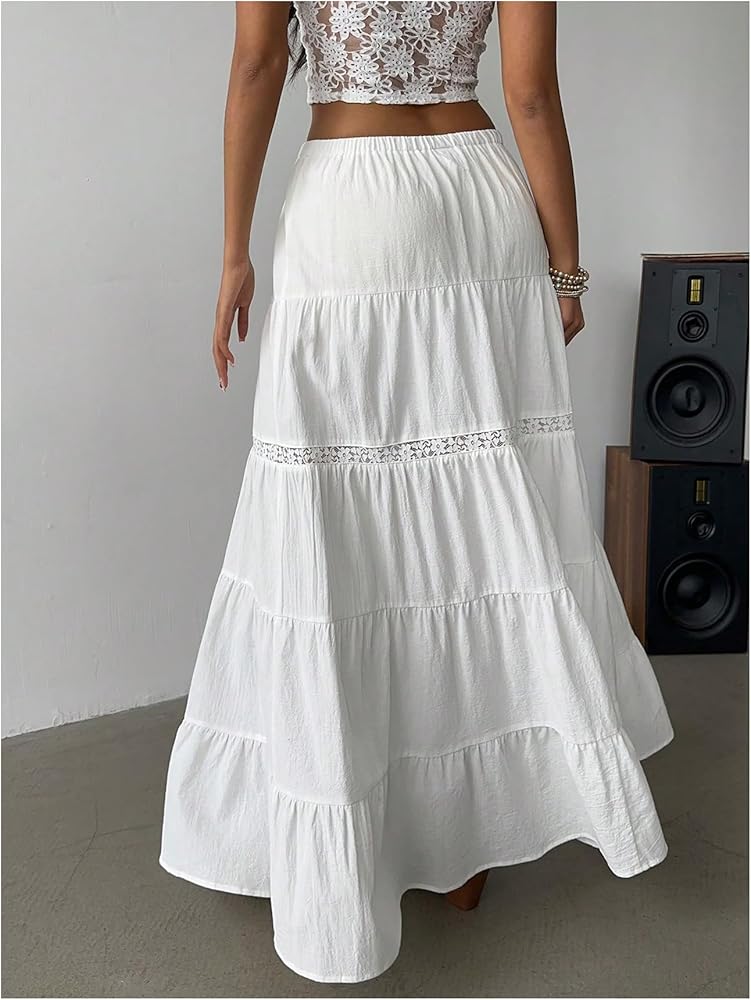 SOLY HUX Women's Flowy Maxi Skirt Tie Front Elastic Waist Lace