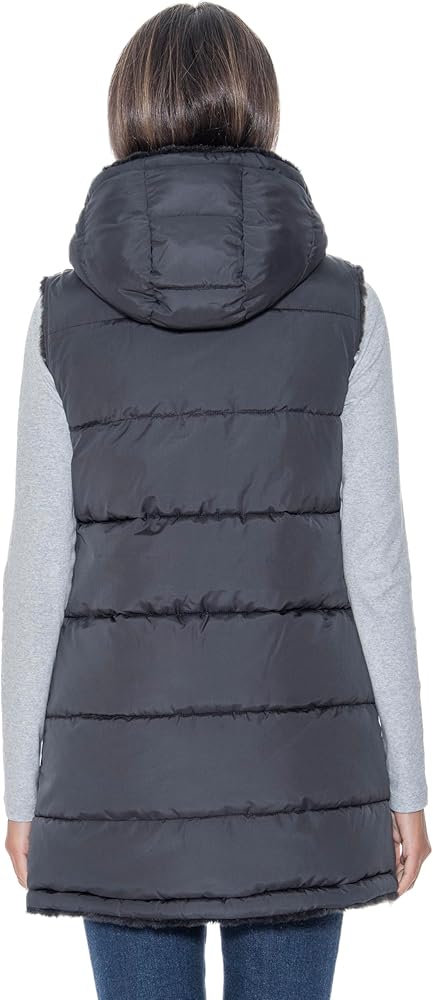 S.E.B Women's Long Reversible Puffer Vest with Hood, Puffy