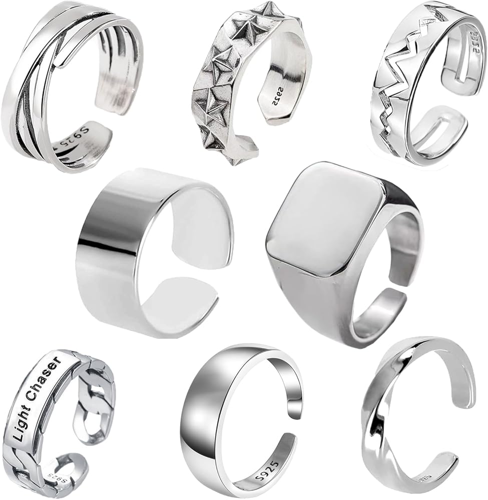 Amazon | [Tiszink] メンズ リング 8点セット フリーサイズ シルバー