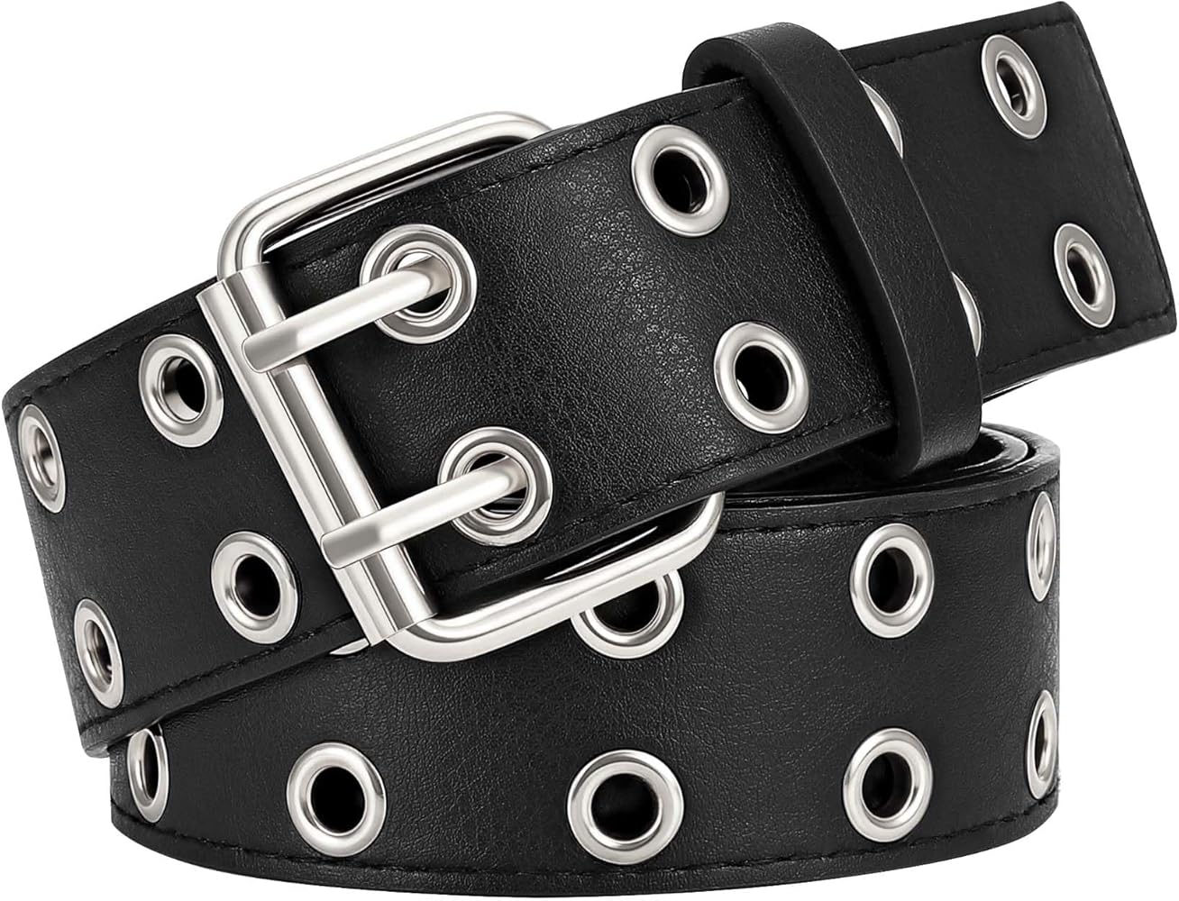 XZQTIVE Double Grommet PU Leather Belt for Women Men Punk metal