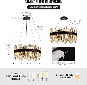 Siljoy Black Crystal Chandelier for Dining Room, Modern 2-Tiers K9