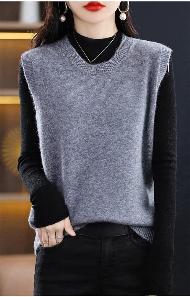 Amazon | クルーネックウールセーターベストレディース、グレー