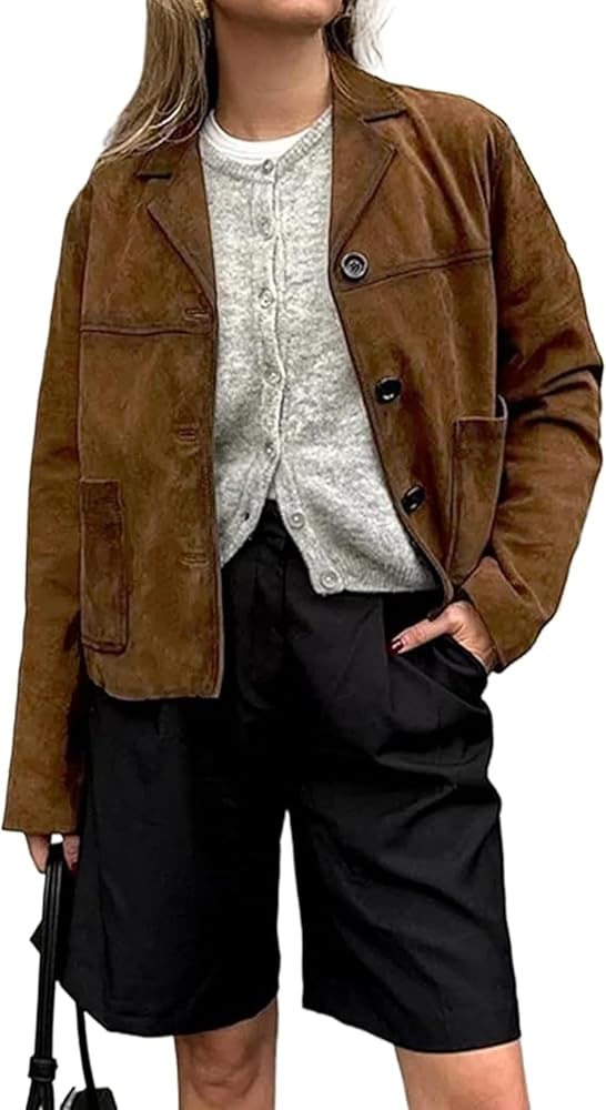 VCM Suede Jacket Women Y2k Outerwear Faux Leather Cropped Blazer