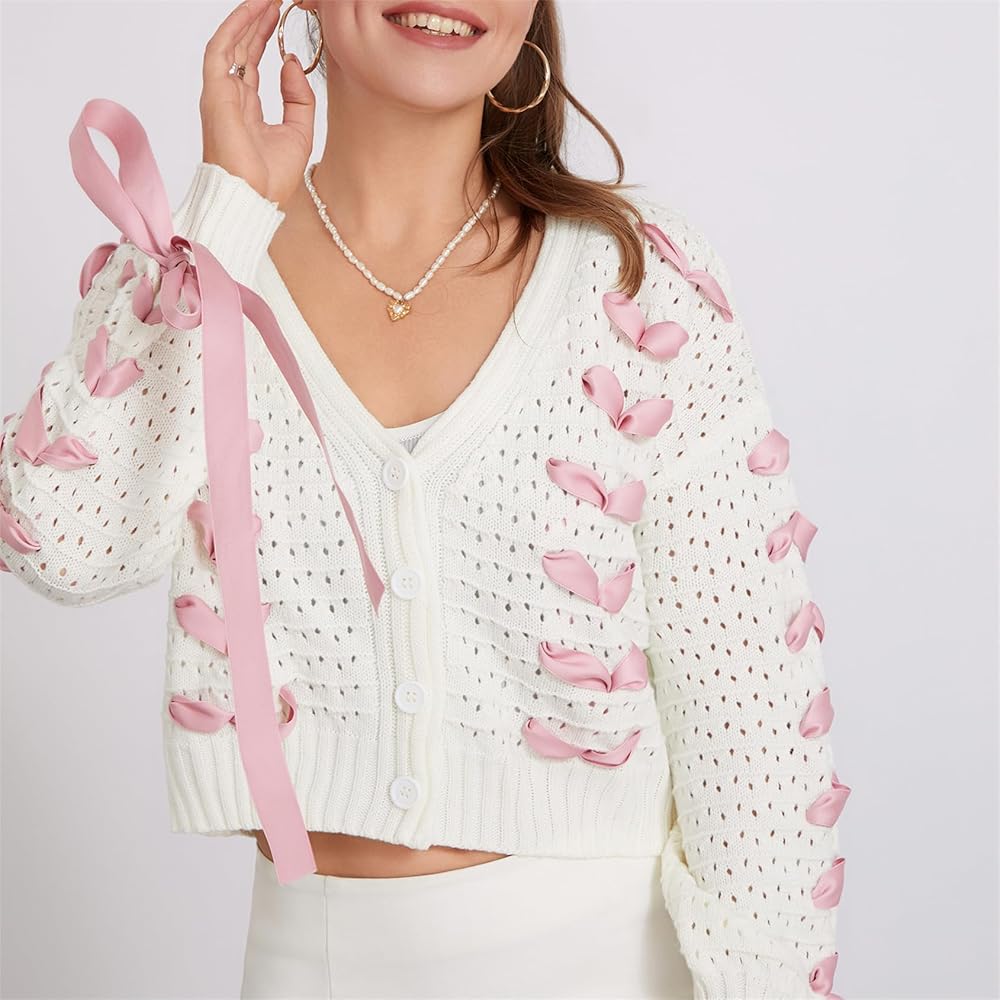Amazon.com: Women Cute Bow Cardigan Sweater Long Sleeve Tie Front