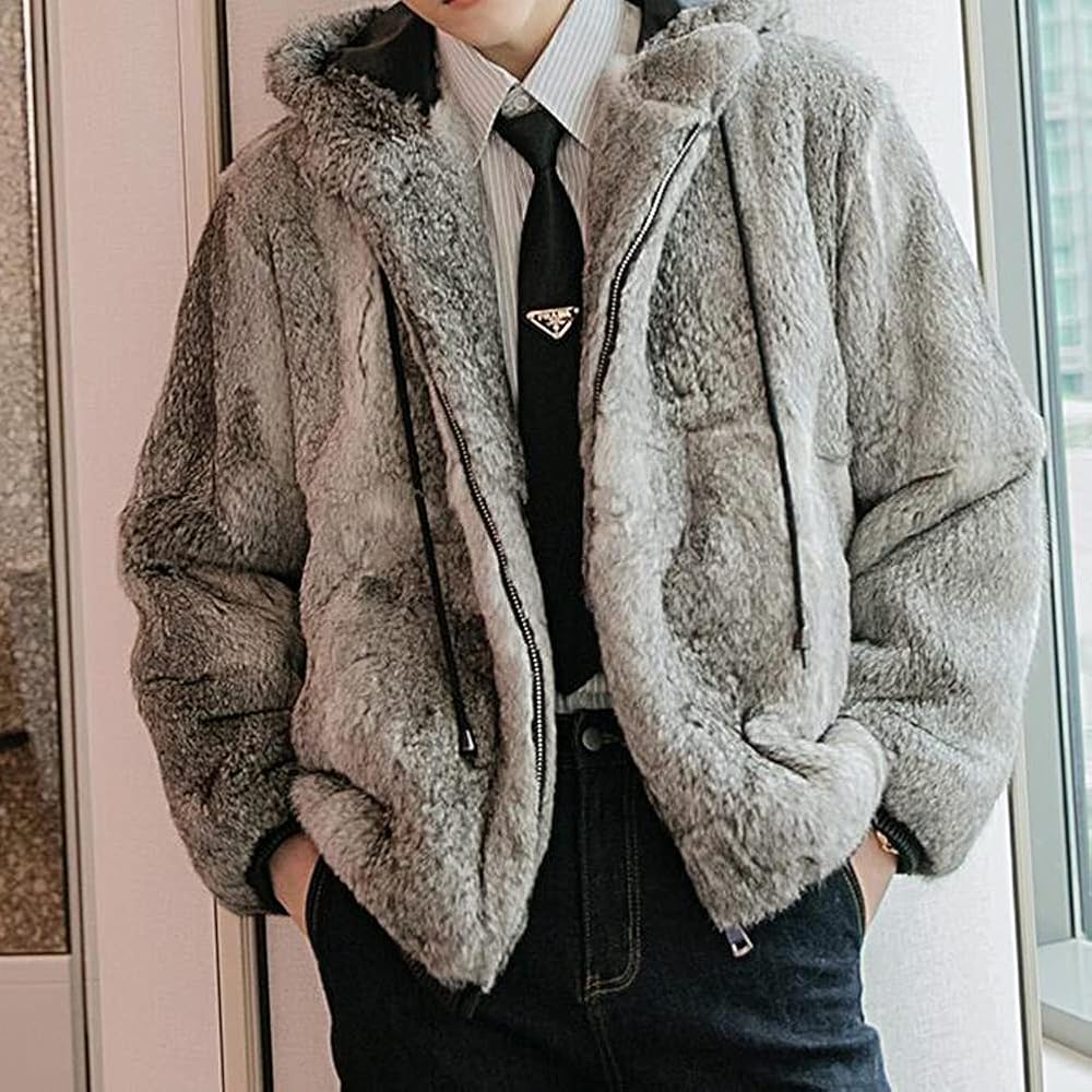 Amazon.com: Denny&Dora Men's Rex Rabbit Fur Jacket Gray Hooded