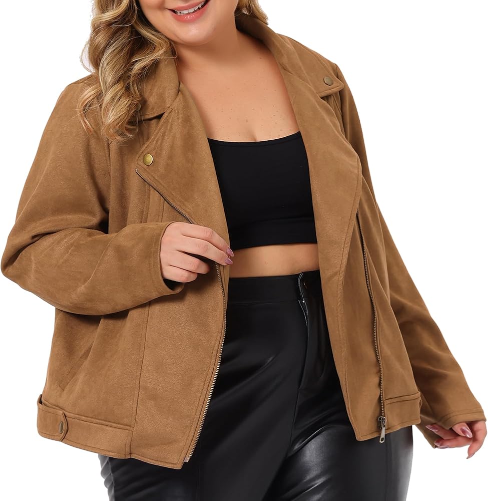 Agnes Orinda Plus Size Women Faux Suede Jacket Moto Biker Zipper