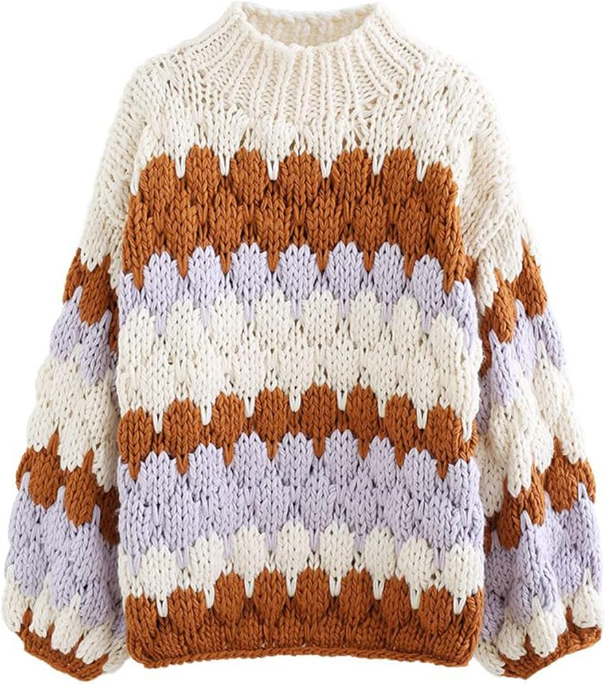 CHICWISH Women's Cream Color Blocked High Neck Hand-Knit Chunky