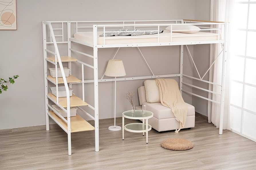 Amazon.co.jp: ロフトベッド 階段付き スチール製 シングルサイズ 耐