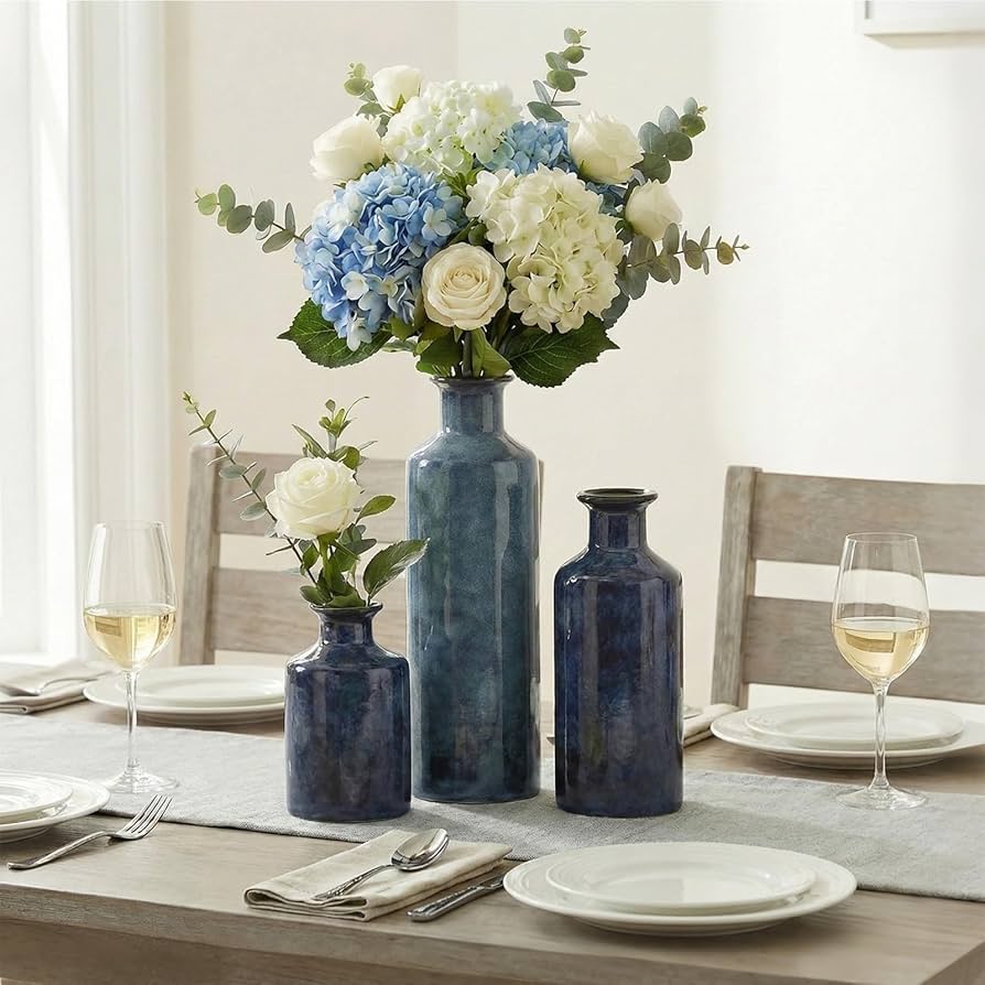 Amazon.com: Blue Ceramic Vase Set - 3 Blue Small Vases, Farmhouse