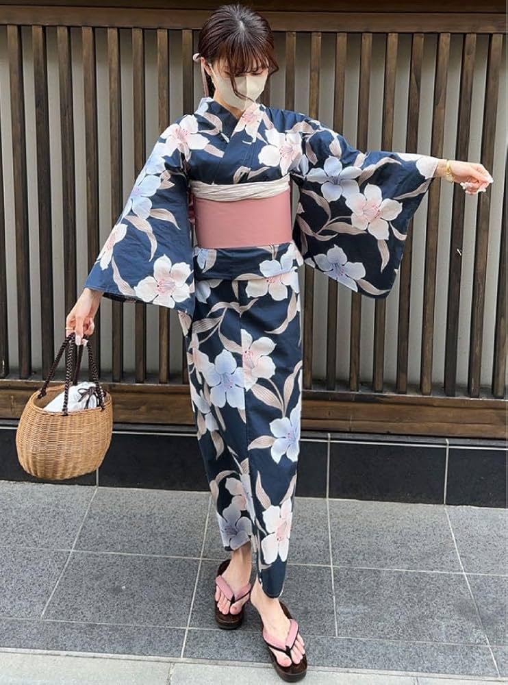 Amazon.co.jp: 百合浴衣セット ネイビーゆかた 帯 大人 紺 ピンク ユリ