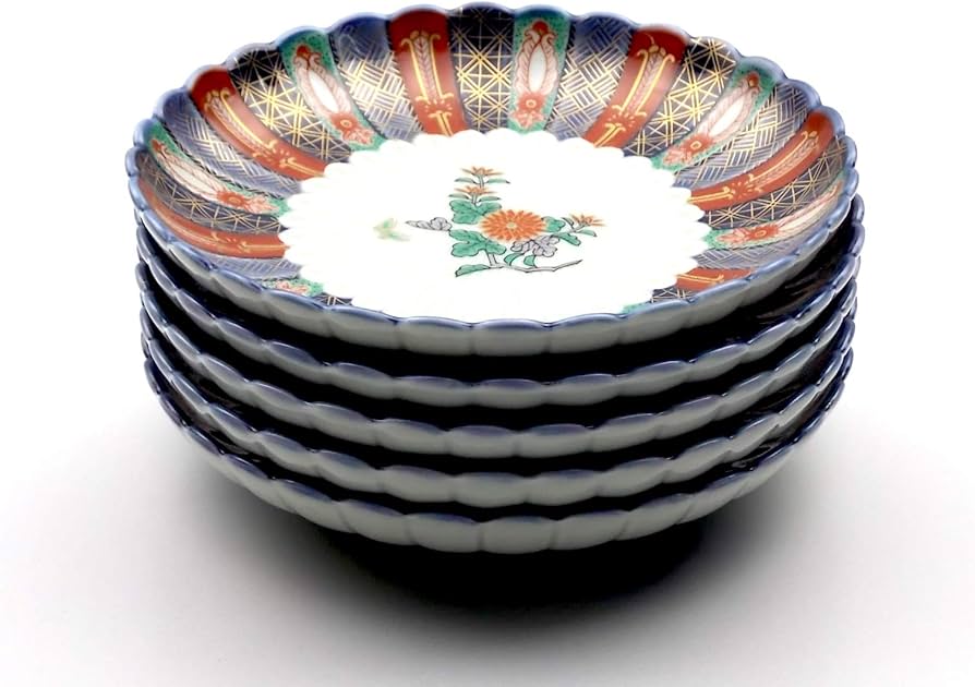 Amazon | 林九郎窯 古伊万里風 染錦地紋 4号皿5枚組 波佐見焼 | 林