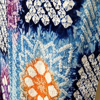 Amazon.co.jp: 本藍染 有松絞り 鳴海 総絞り 浴衣 単衣 市松 花 青藍系