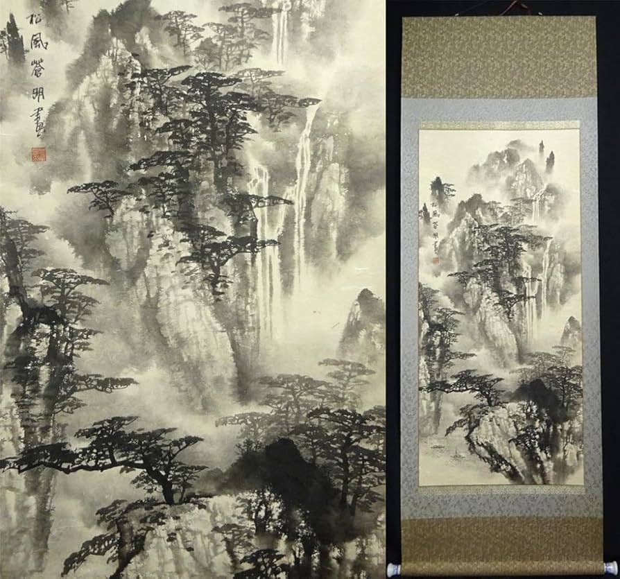 Amazon.co.jp: 掛軸 蒼明『水墨山水図』中国画 紙本 肉筆 証明書箱付