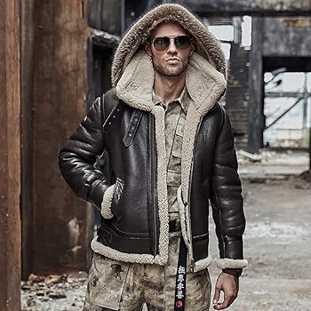 Amazon | メンズシープスキンムートンジャケット取り外し可能なフード