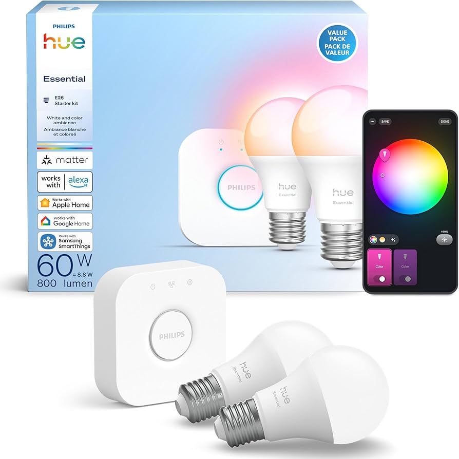 PHILIPS Hue Essential Starter Kit: Hue Bridge, 2 Essential E26
