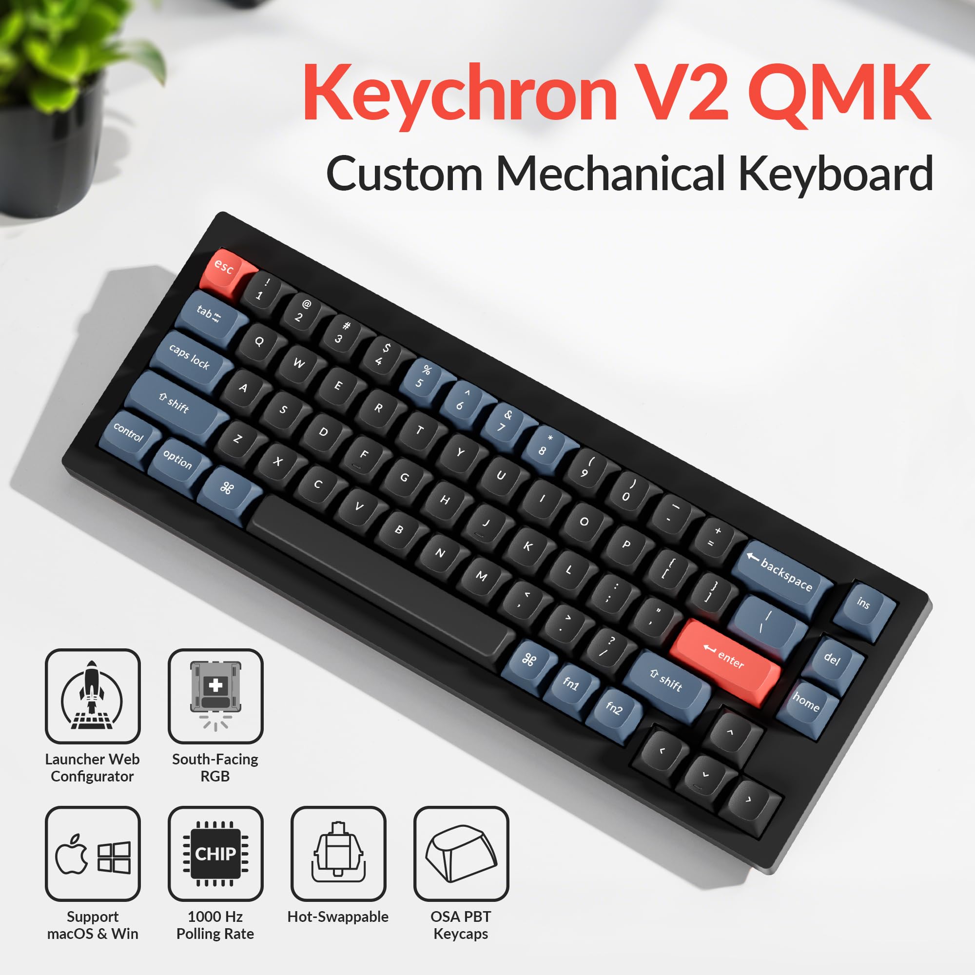 Keychron Teclado mecânico personalizado com fio V2, 65% layout QMK