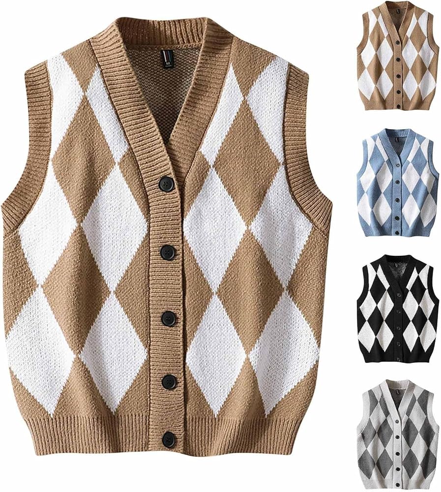 Cambkatl Men's Argyle Sweater Vest Button V Neck Fall Cardigan