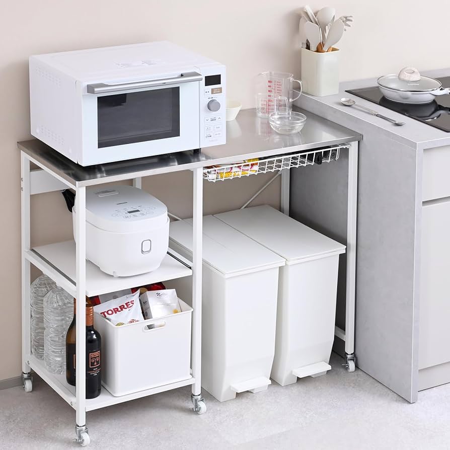 スライド引き出し付きテーブル ホワイト、キッチンボード、キッチン