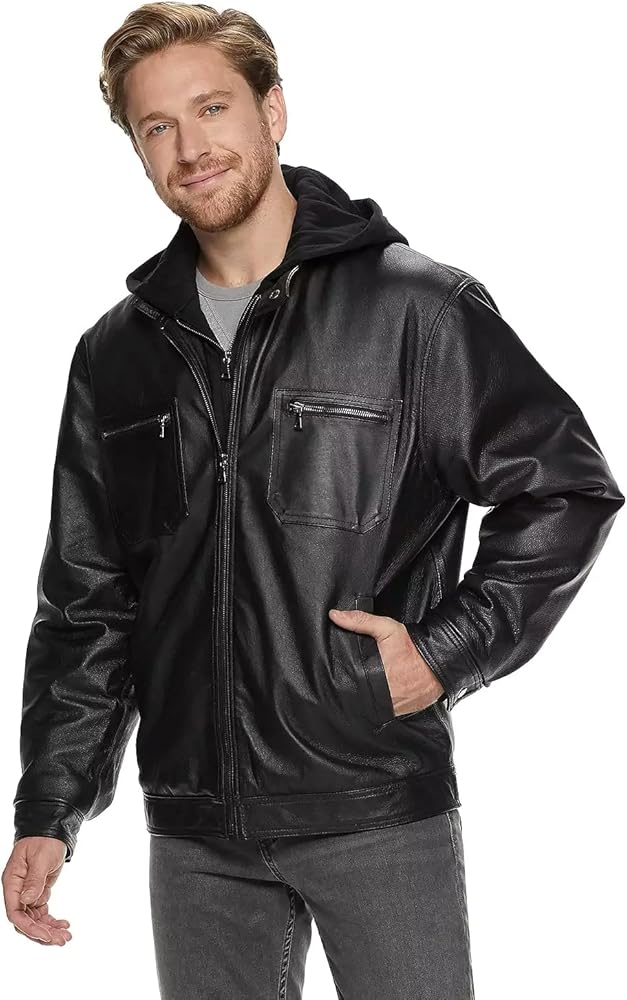 Victory Outfitters Men's Zip Out Hood Genuine Leather Jacket